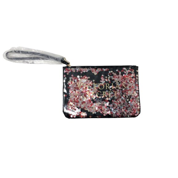 Victoria's Secret Black Pink Sequin Bling Clutch Make Up Bag Cosmetic‎ Bling Zip - Picture 1 of 4